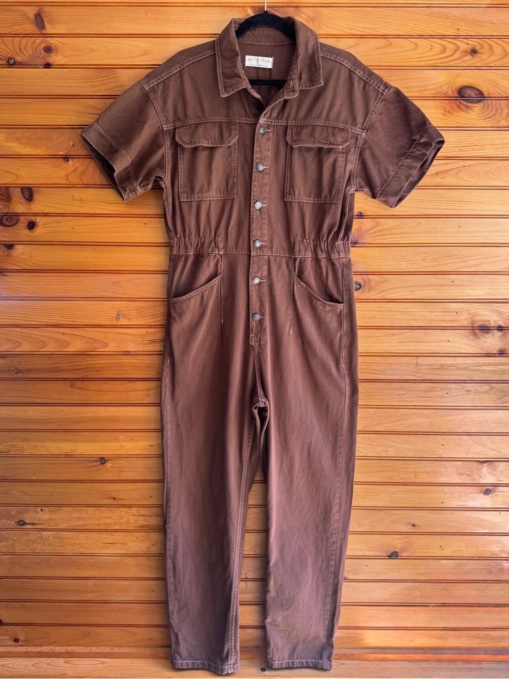 Free People Marci Coverall Utility Jumpsuit Brown Cotton Workwear Cargo Large